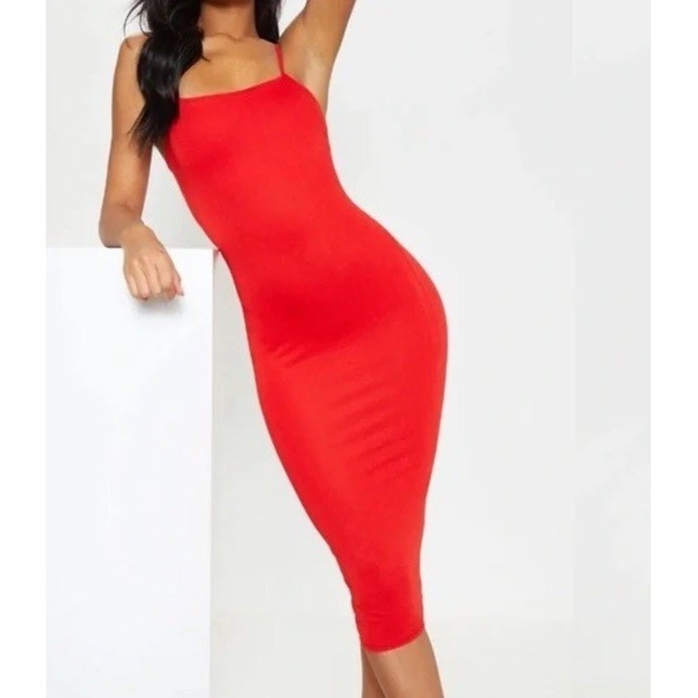 PrettyLittleThing‎ Red Strappy Bodycon Midi Dress Women's Size 6 US (UK 10) NWT
